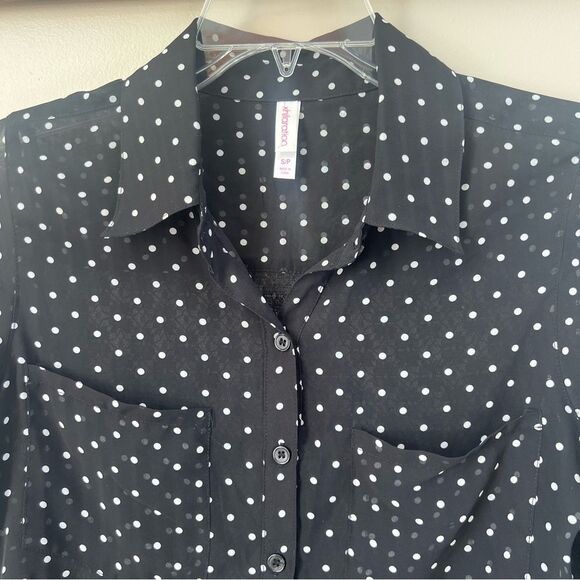 Xhilaration Black Polka Dot Semi-Sheer Lace Black White ButtonWomen's Blouse Top - Picture 2 of 12